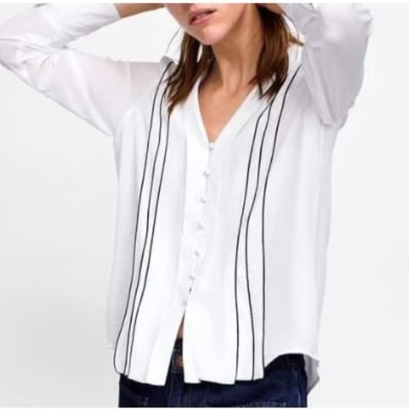 Zara Basic White Semi-Sheer Blouse Sz L Black Detail Ruffles Long Sleeves V Neck - Picture 3 of 12